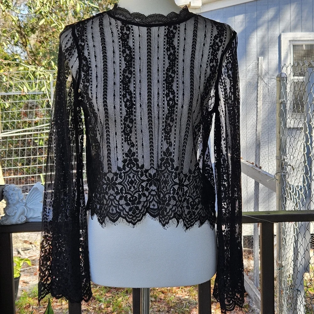 H&M Divided Sheer Black Lace LS Top Scalloped Hem Blouse Size 2 Goth Layering